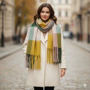 Michael Stars Soft Plaid Yellow Green Color Block Fringe Scarf Wrap